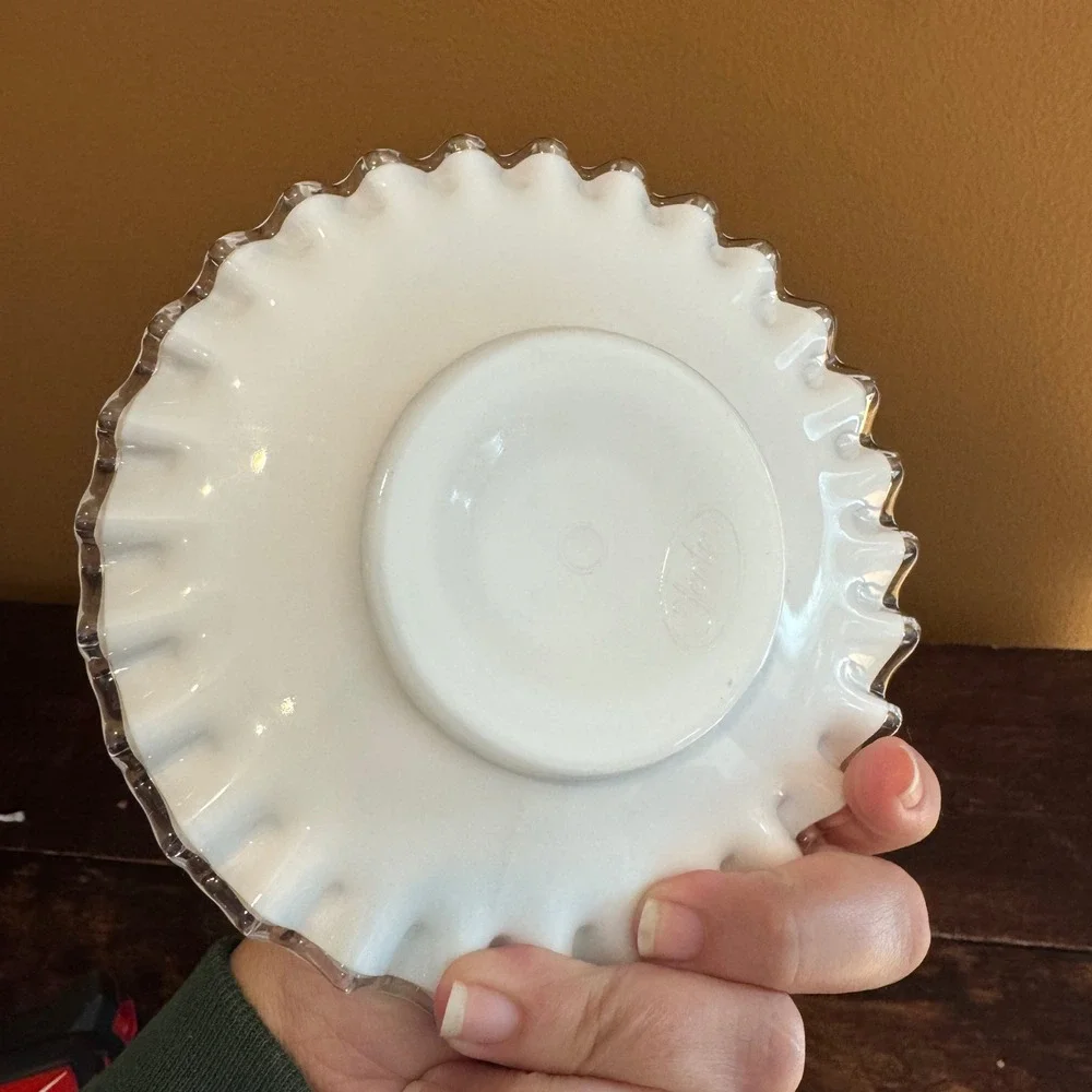 Vintage Fenton Milk Glass Silver Crest Ruffled Edge Condiment Dish Plate‎ White